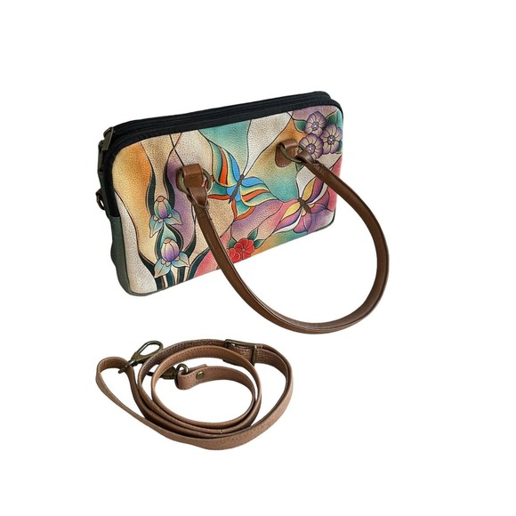 Anna by Anuschka Stained Glass Butterfly Hand-Painted‎ Leather Large Satchel - Picture 1 of 13